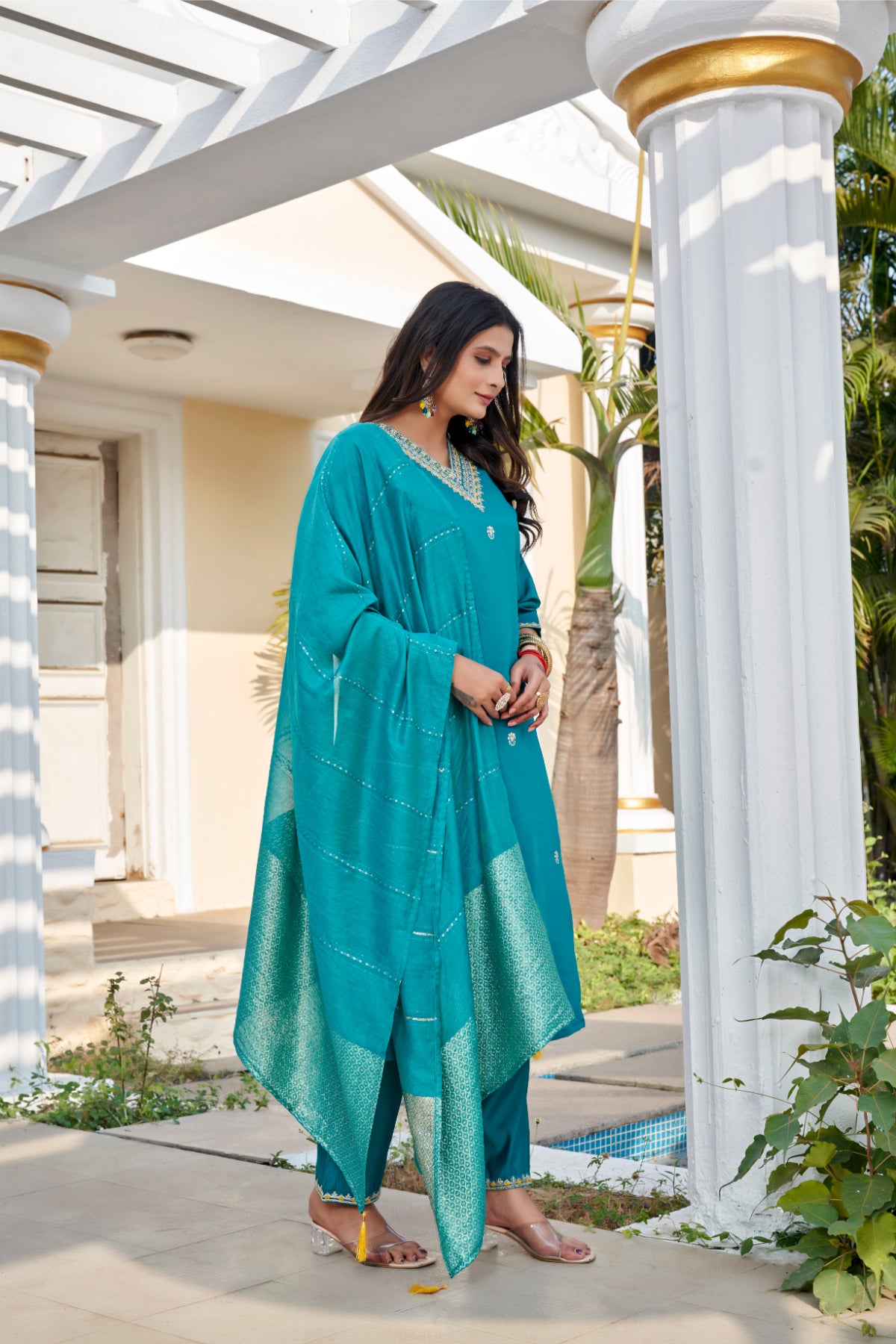 Teal Roman Silk Embroidered Kurta Pant Set with Cotton Silk Zari Dupatta for Women