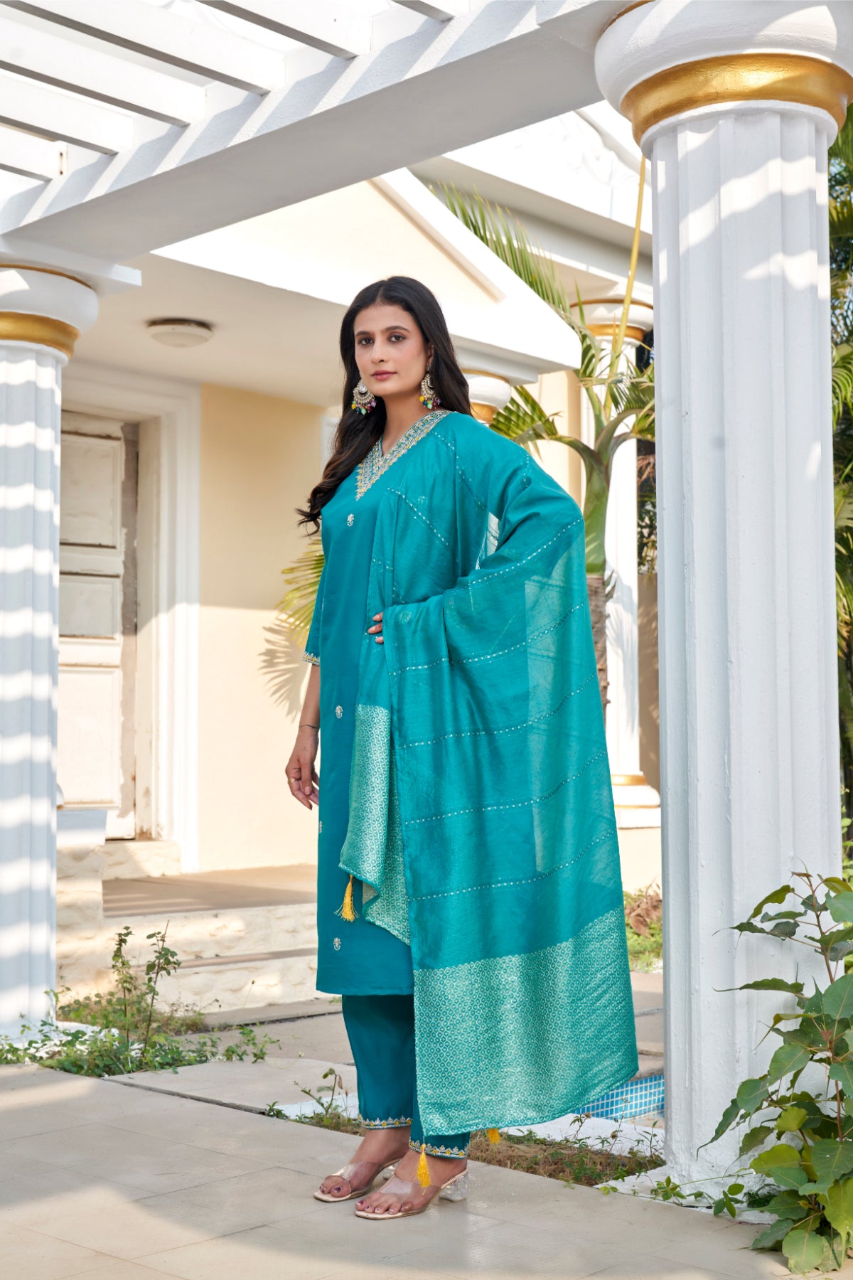 Teal Roman Silk Embroidered Kurta Pant Set with Cotton Silk Zari Dupatta for Women
