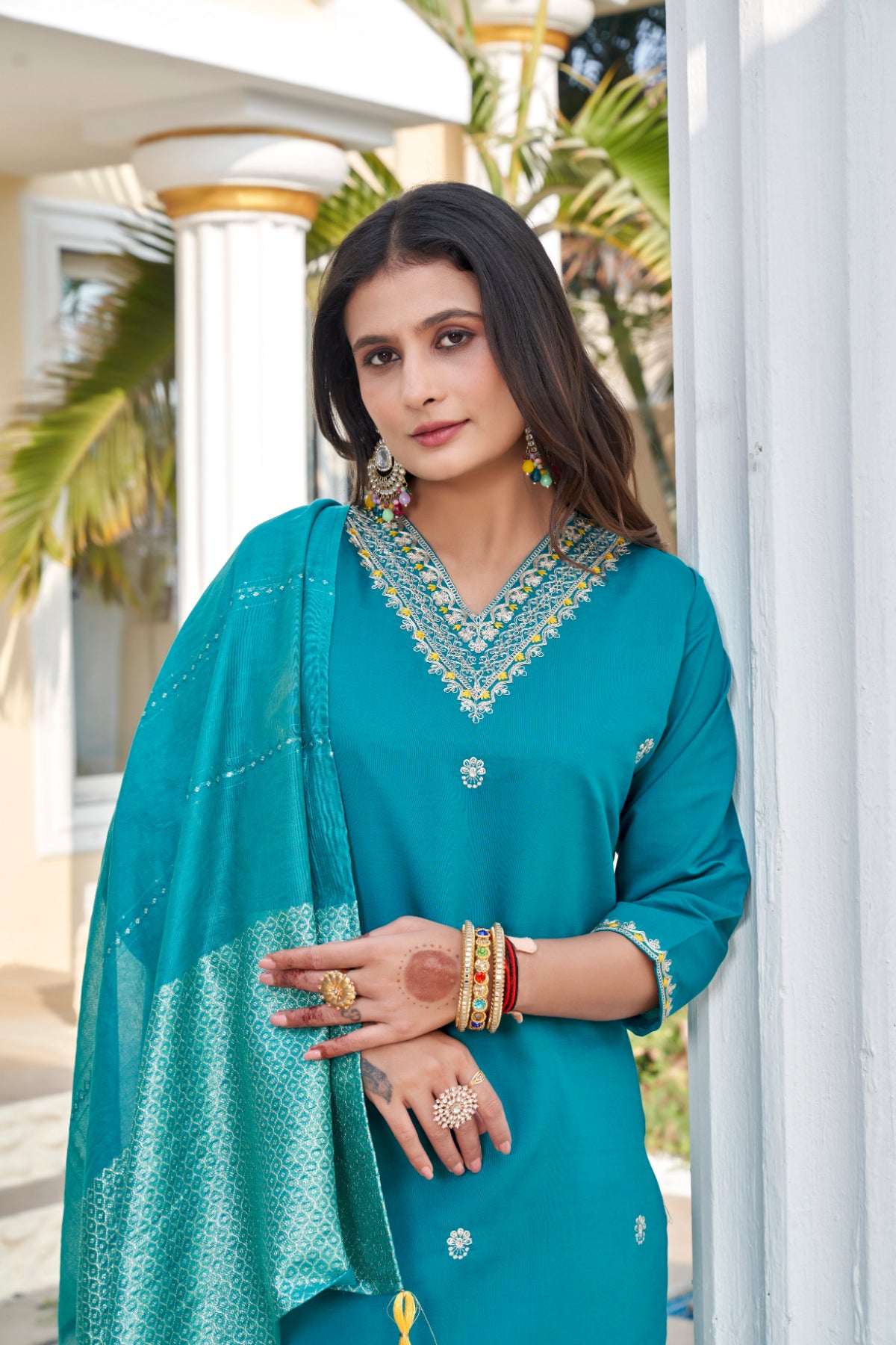Teal Roman Silk Embroidered Kurta Pant Set with Cotton Silk Zari Dupatta for Women