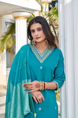 Teal Roman Silk Embroidered Kurta Pant Set with Cotton Silk Zari Dupatta for Women