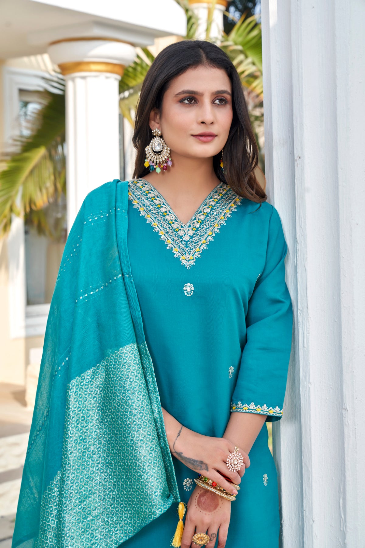 Teal Roman Silk Embroidered Kurta Pant Set with Cotton Silk Zari Dupatta for Women