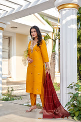 Mustard Yellow Roman Silk Embroidered Kurta Pant Set with Cotton Silk Zari Dupatta for Women
