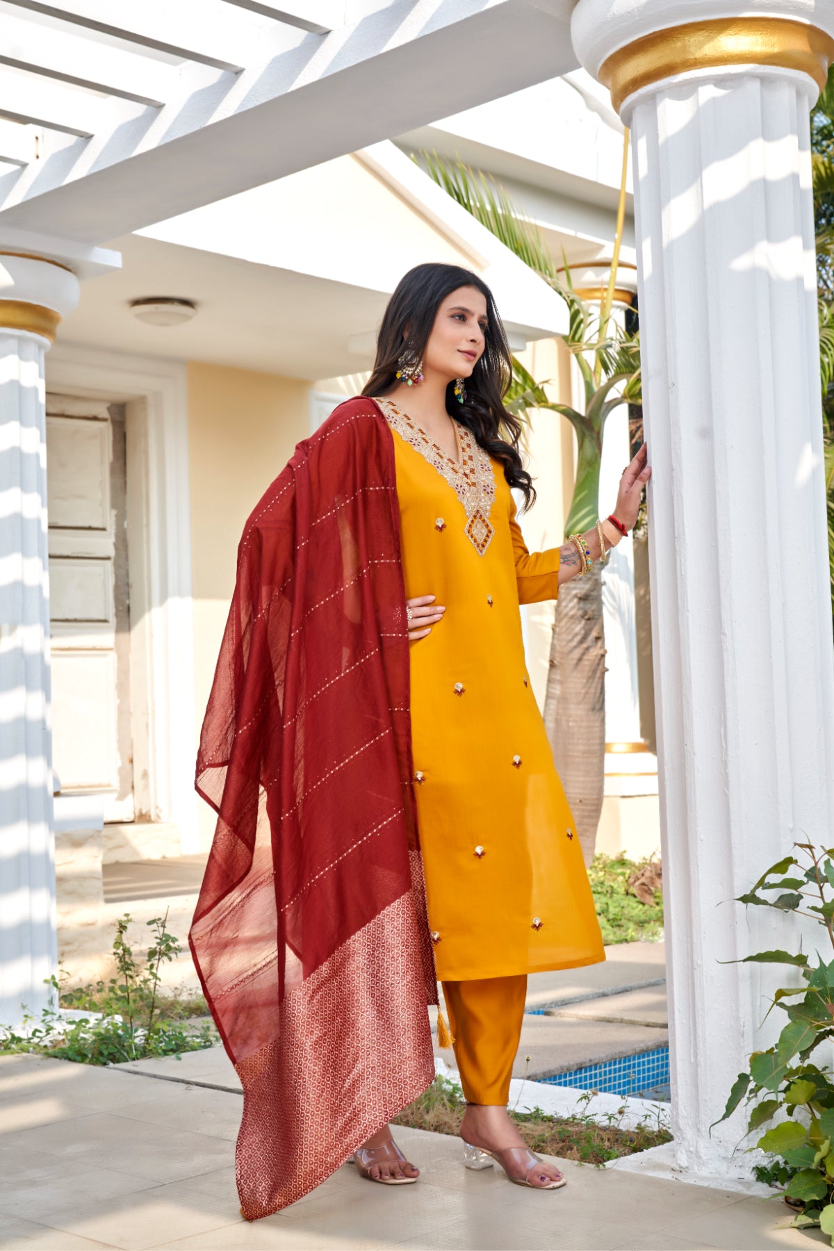 Mustard Yellow Roman Silk Embroidered Kurta Pant Set with Cotton Silk Zari Dupatta for Women