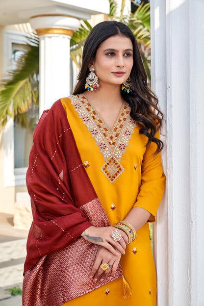 Mustard Yellow Roman Silk Embroidered Kurta Pant Set with Cotton Silk Zari Dupatta for Women