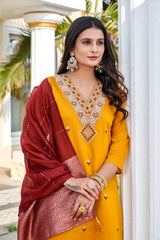 Mustard Yellow Roman Silk Embroidered Kurta Pant Set with Cotton Silk Zari Dupatta for Women