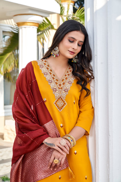 Mustard Yellow Roman Silk Embroidered Kurta Pant Set with Cotton Silk Zari Dupatta for Women