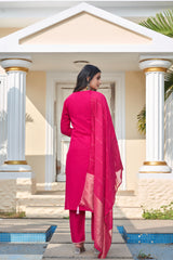 Women's Fuchsia Pink Roman Silk Embroidered Kurta Pant Set with Cotton Silk Sequins Zari Dupatta | Festive Ethnic Wear