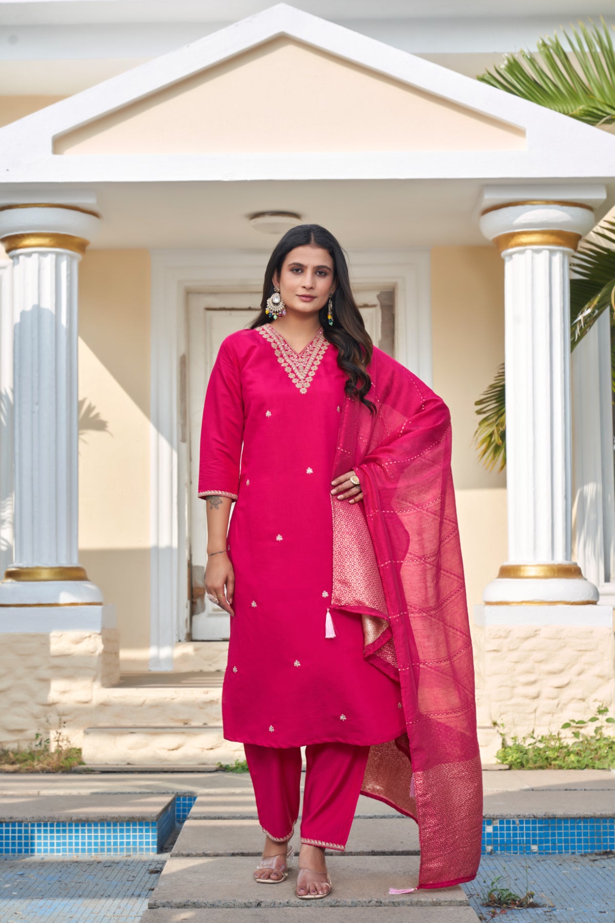 Women's Fuchsia Pink Roman Silk Embroidered Kurta Pant Set with Cotton Silk Sequins Zari Dupatta | Festive Ethnic Wear