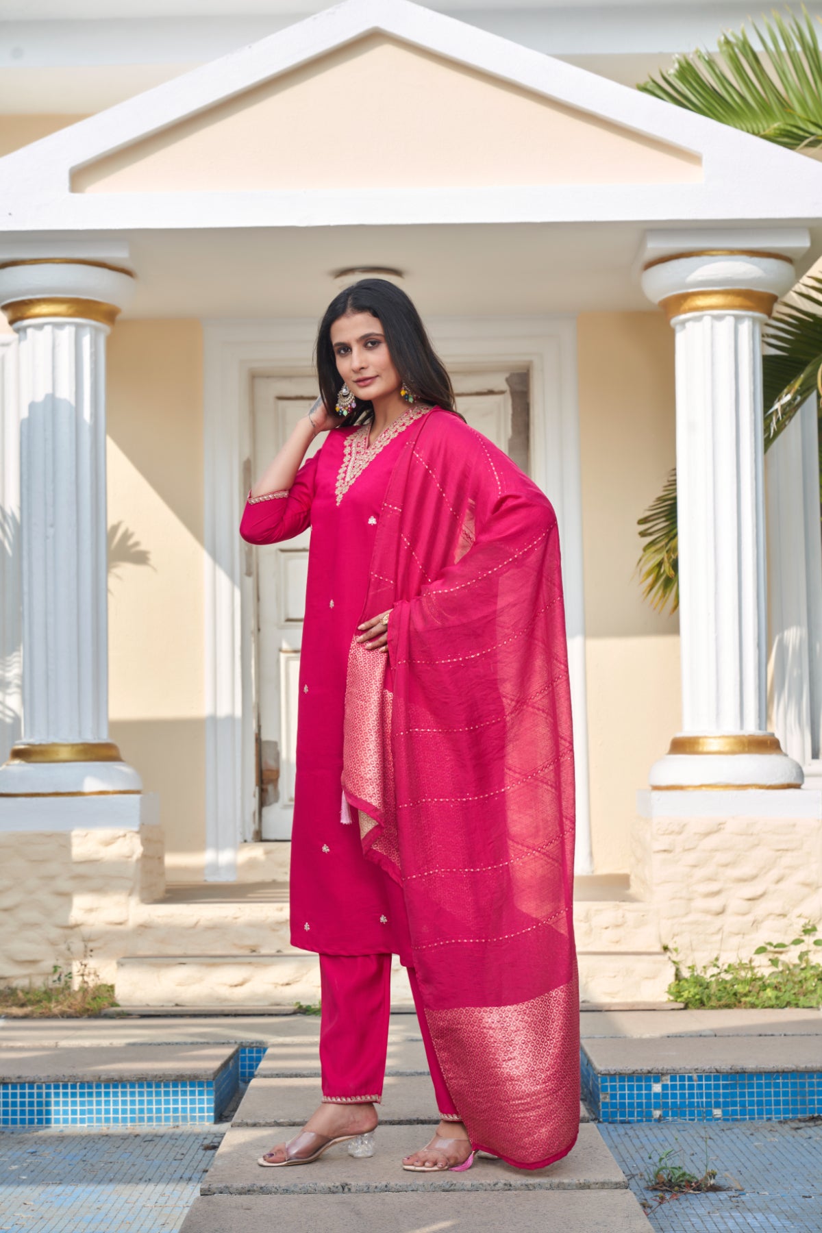 Women's Fuchsia Pink Roman Silk Embroidered Kurta Pant Set with Cotton Silk Sequins Zari Dupatta | Festive Ethnic Wear