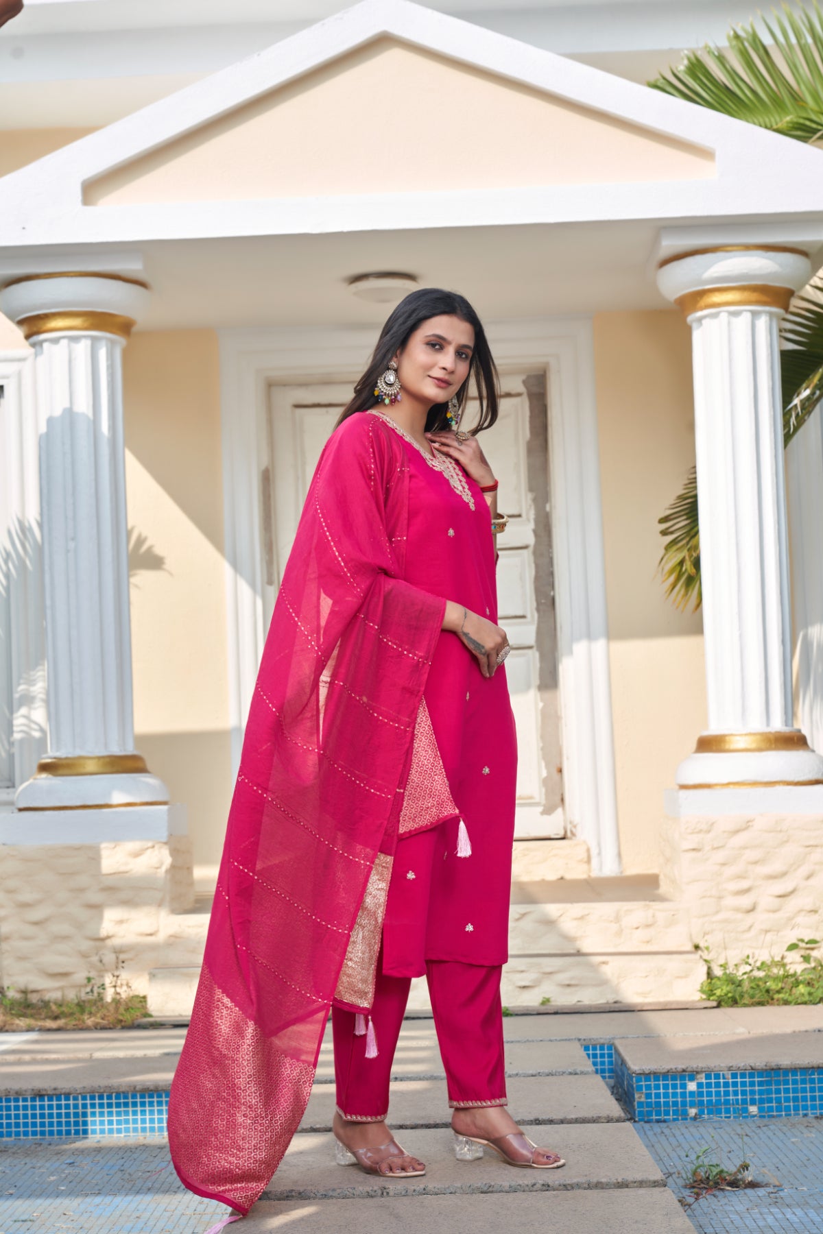 Women's Fuchsia Pink Roman Silk Embroidered Kurta Pant Set with Cotton Silk Sequins Zari Dupatta | Festive Ethnic Wear