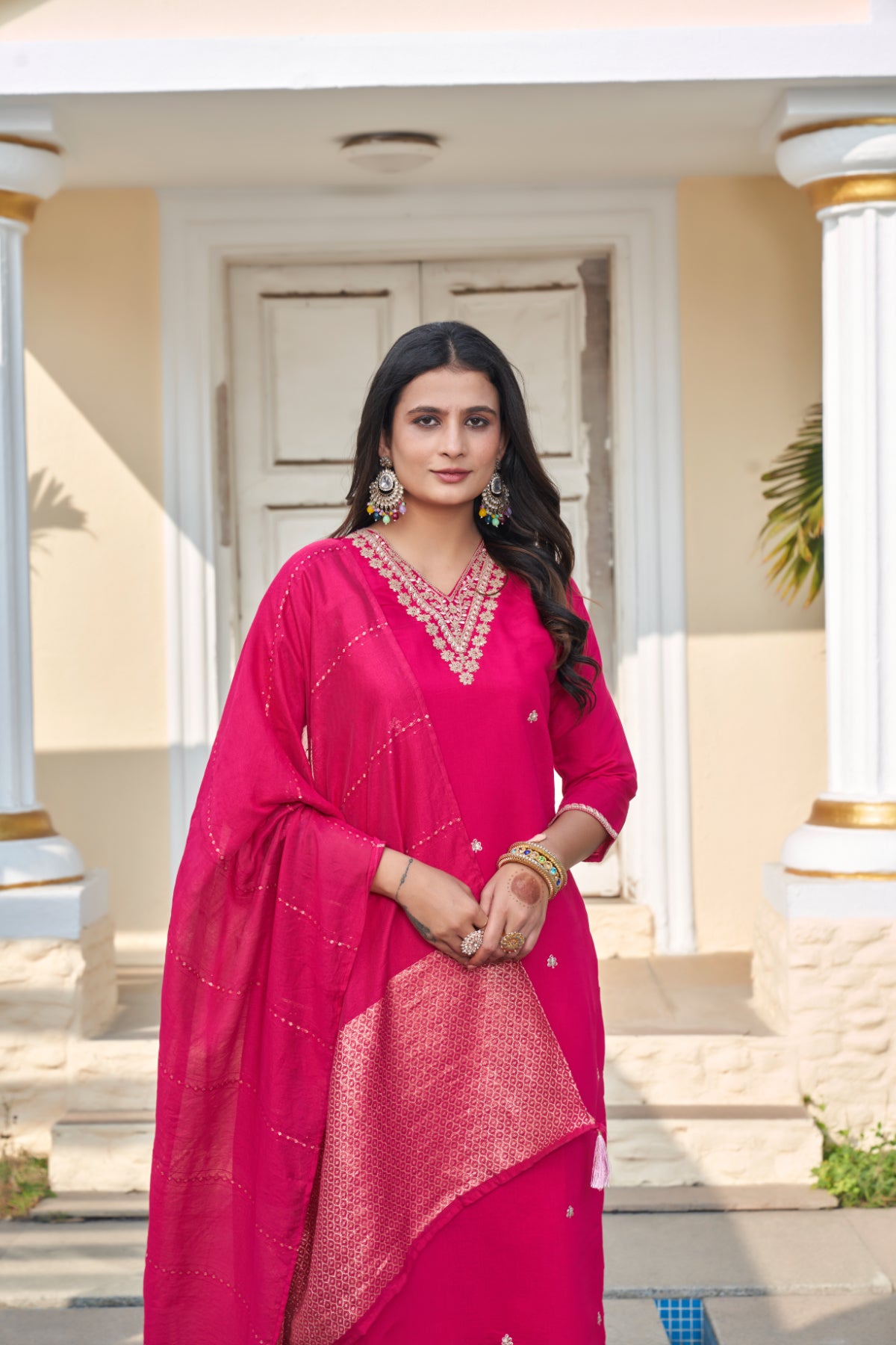 Women's Fuchsia Pink Roman Silk Embroidered Kurta Pant Set with Cotton Silk Sequins Zari Dupatta | Festive Ethnic Wear