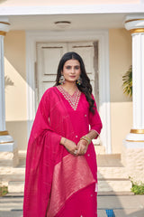 Women's Fuchsia Pink Roman Silk Embroidered Kurta Pant Set with Cotton Silk Sequins Zari Dupatta | Festive Ethnic Wear