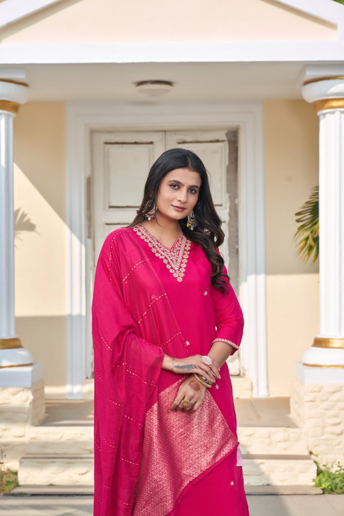 Women's Fuchsia Pink Roman Silk Embroidered Kurta Pant Set with Cotton Silk Sequins Zari Dupatta | Festive Ethnic Wear