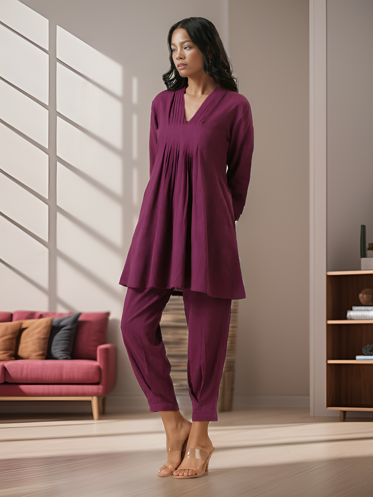 Plum Purple Rayon Slub Texture Pleated Co-Ord Set