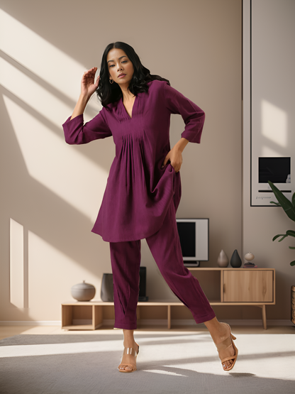 Plum Purple Rayon Slub Texture Pleated Co-Ord Set