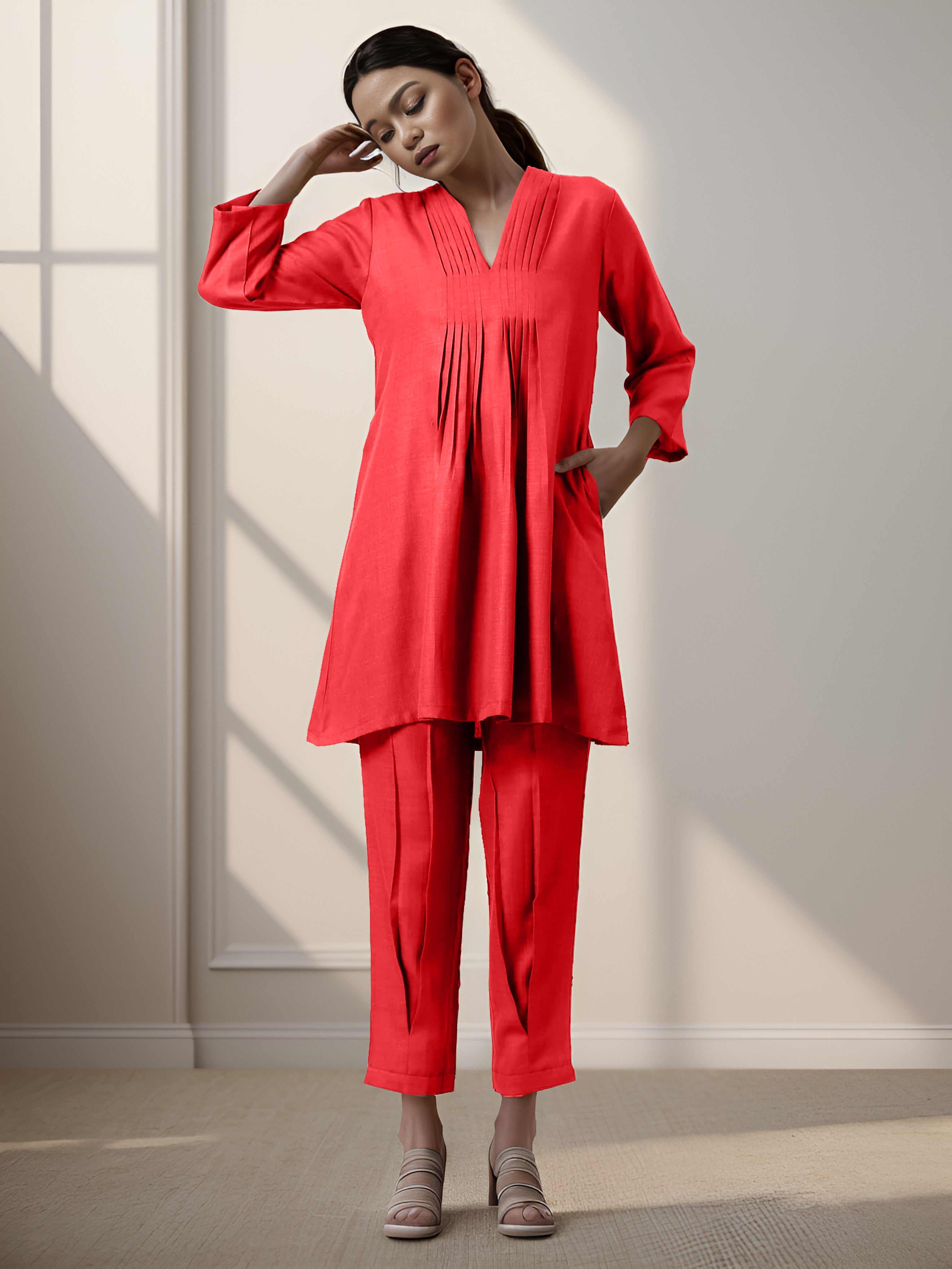 Red Rayon Slub Texture Pleated Co-Ord Set – Febyana