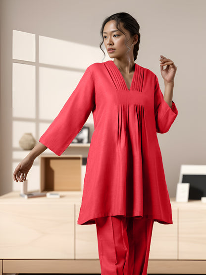 Red Rayon Slub Texture Pleated Co-Ord Set