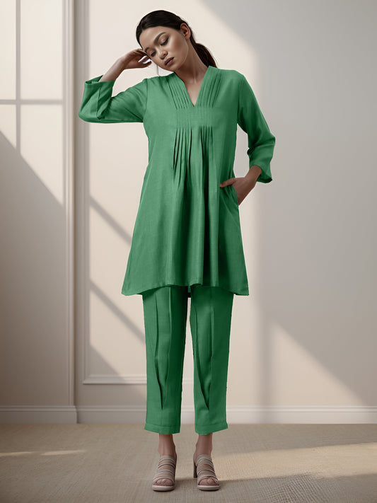 Green Rayon Slub Texture Pleated Co-Ord Set